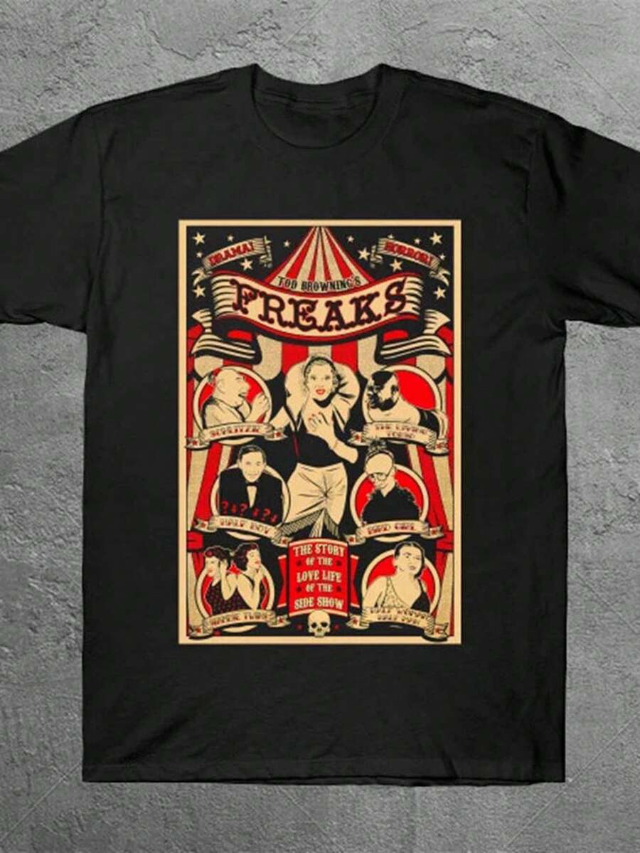 Funny T-Shirt, 2026Pure Todd 1932, Vintage Circus Print T-Shirt - Short Sleeve T-Shirt With Vintage Freaks Pattern, Black Short Sleeve Top, With Characteristic Font, Washable Summer Clothes, Perfect For Daily Wear And As A Gift, Circus T-Shirt, Perfect For Holidays And Playtime, Great For Parties And Family Holiday Outfits, Summer Outfit, Warm Weather Clothes. - 黑色 - 查看 1
