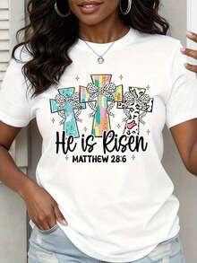 1 Piece Christian T-Shirt For Women With Bible Verse Matthew 28:6 "He Has Risen" And Easter Cross, Gift Of Faith For Spring, White, 180g, 100% Cotton - 白色 - 查看 8