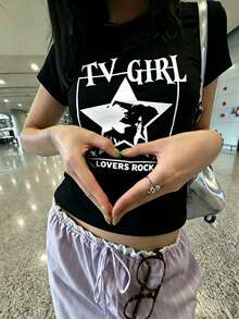 Women's White Crop Top With Round Neck And Short Sleeves, Cute Girl Style, Five-Pointed Star And Letter Print, New Summer, Super  Fitted Cut, Casual Youthful Style Ideal For Outings, Parties And Everyday Wear VZYB - 黑色 - 查看 7