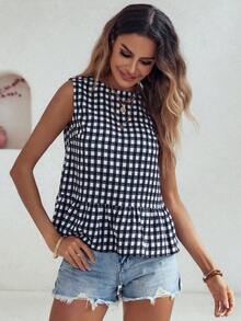 Blusa sin mangas con volante y dobladillo de mujer estilo peplum a cuadros - Blanco y Negro - Ver 4