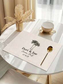 1pc Customizable Linen-Like Placemat, Wedding Memorial Placemat, Palm Tree Pattern Heat-Resistant Mat, Wedding Party Tabletop Decor, Suitable For Wedding, Anniversary, Party, Waterproof Dining Mat, Couple's Memorial Souvenir - Multicolor - View 8
