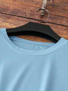 Crew Neck T-Shirt With Slogan Print And Minimalist Floral Embroidery In Plus Size - Celeste - View 6