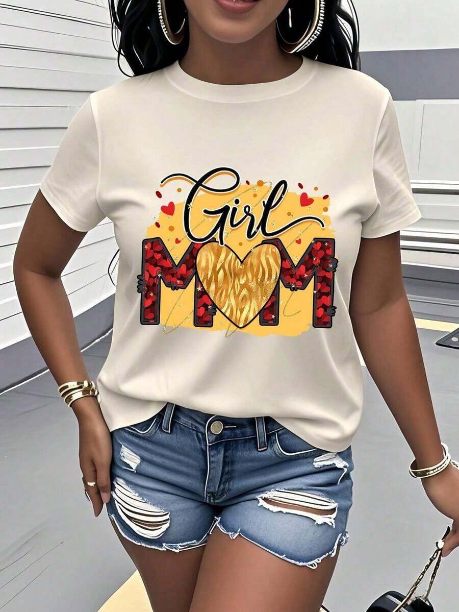 Mom Printed T-Shirt, Women's Short-Sleeved Crew Neck T-Shirt, A Special Gift For Mother's Day, With A Heart Pattern Design. This Stylish And Versatile T-Shirt Showcases The Brilliance Of Maternal Love, Perfect For Everyday Wear. - 杏 - 查看 1
