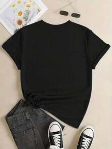 Camiseta casual de manga corta con cuello redondo y estampado de mariposas para mujer de talla grande - Negro - Ver 2