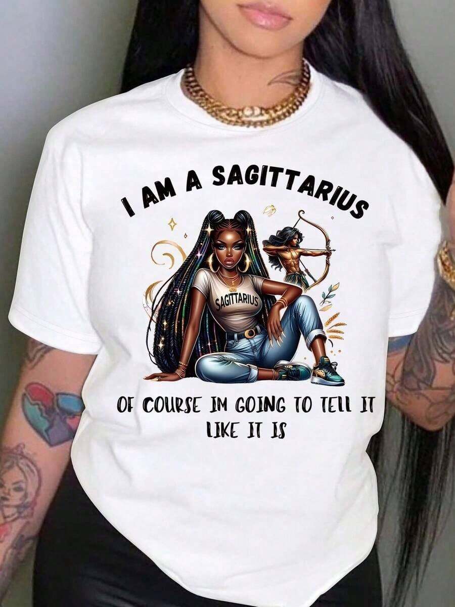 1 Piece (T-Shirt), Sagittarius Zodiac Sign T-Shirt - Lightweight 188g/M² Short-Sleeved Crew Neck T-Shirt With "I AM A SAGITTARIUS" Print And Bow And Arrow Design, Casual Spring And Summer Blouse Suitable For Birthdays, Gifts, Casual Wear - 1 件(T卹) - 查看 1