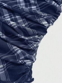Camiseta ajustada casual de mujer con volantes y lunares, con lazo - Azul marino - Ver 2
