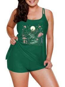 Cottagecore Aesthetic Frog, Moon And Mushrooms Pagan Tankini Swimsuit Funny Swimwear Pool Party Swimsuit Summer Vacation Bathing Suit High Neck Halter Bikini Set 9TYQ - 綠色 - 查看 4