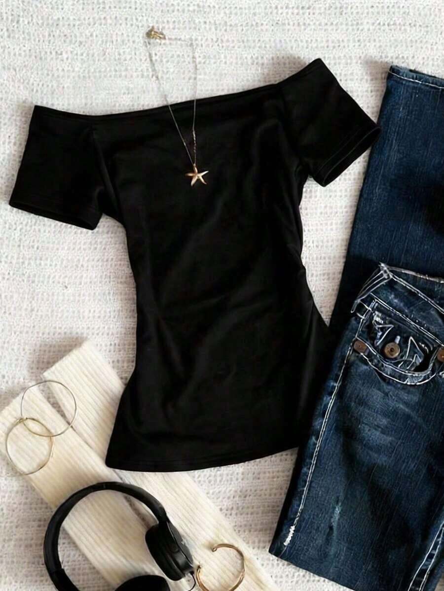 Camiseta minimalista y de moda con hombros descubiertos, regalo para amigos - Negro - Ver 1