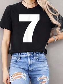 100% Cotton T-Shirt Number 7, White, With The Number Seven In Bold - Black - View 6