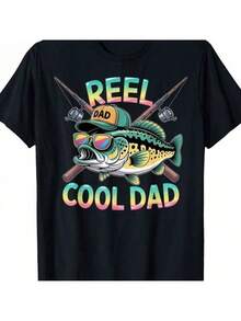 Funny Fishing T-Shirt – Cool And Fish Graphic Print, Loose Fit Crew Neck Short Sleeve T-Shirt With Fishing Rod And Gear Design, All Season Style For Fishing Enthusiasts, Creative 's Day Gift ('s T-Shirt, Funny T-Shirt, Printed Shirt, Funny Clothing, Christmas Gift Idea, Apparel, Humorous Garment, Skin-Friendly Softness, Vintage Style, Weekend Casual, Good Friday - 黑色 - 查看 1