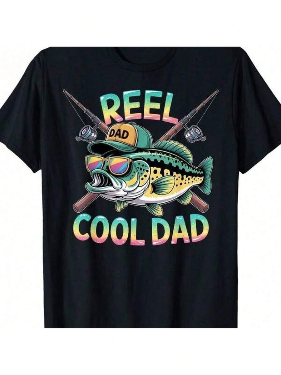Funny Fishing T-Shirt – Cool And Fish Graphic Print, Loose Fit Crew Neck Short Sleeve T-Shirt With Fishing Rod And Gear Design, All Season Style For Fishing Enthusiasts, Creative 's Day Gift ('s T-Shirt, Funny T-Shirt, Printed Shirt, Funny Clothing, Christmas Gift Idea, Apparel, Humorous Garment, Skin-Friendly Softness, Vintage Style, Weekend Casual, Good Friday - 黑色 - 查看 1