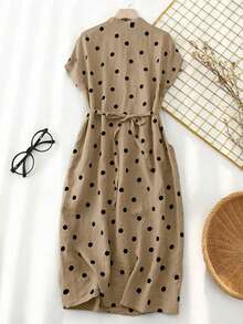 Vestido casual elegante y vintage con estampado de lunares, con bolsillos y lazo en la espalda, silueta minimalista pero refinada de corte evasé con cintura anudada, vestido versátil para oficina/ocasión, conjunto bohemio de lunares para vacaciones, primavera/verano rojo - Caqui - Ver 3