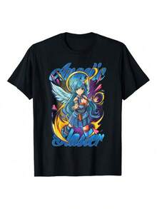 Esta camiseta presenta un diseño de un lindo ángel de anime, perfecta tanto para hombres como para mujeres.Hecho de 100% material suave, es ideal para salidas de verano, deportes, trabajo y ocio. - Negro - Ver 1