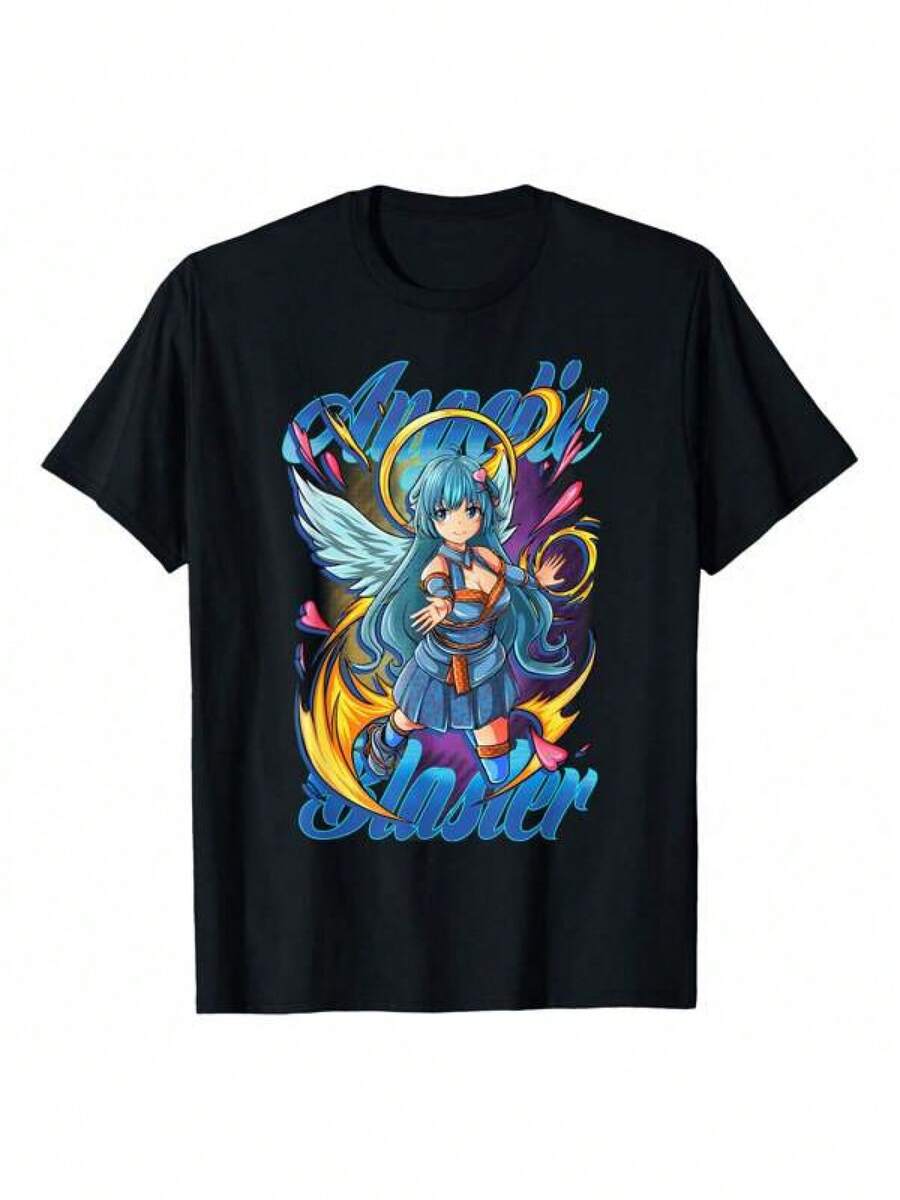 Esta camiseta presenta un diseño de un lindo ángel de anime, perfecta tanto para hombres como para mujeres.Hecho de 100% material suave, es ideal para salidas de verano, deportes, trabajo y ocio. - Negro - Ver 1