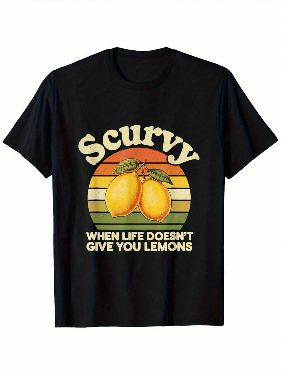 Camiseta Gráfica de Limones para Hombre "Cuando la Vida No Te da Limones" - Estampado de Limones Realista y Frase Divertida, Camiseta Casual de Algodón con Cuello Redondo para Ropa Urbana, Deportes al Aire Libre y Atuendo Casual - Ajuste Cómodo para Todas las Temporadas - Negro - Ver 1
