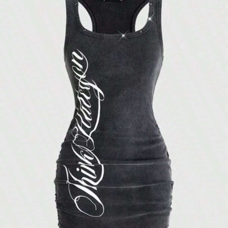 ROMWE Grunge Punk Women's Retro Baddie Unisex Streetwear Casual Star & Rivet Print Bodycon Mini Dress - Gris Oscuro - Ver 1