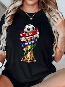 Trophy With Ball And Ribbons From The USA, Canada, And Mexico Symbolizing Sporting Unity And The Universal Passion For Football. 2026 Women's T-Shirt, 100% Cotton, Comfortable And Perfect For Stylish Fans. - 黑色 - 查看 6