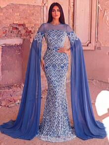 Faeriesty Đầm dạ hội nữ cổ tròn đính sequin, tay dài kiểu áo choàng, chân váy đuôi cá màu xanh thanh lịch với chi tiết tua rua và khóa kéo. - Màu xanh bụi bặm - Xem 5