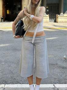 Fold-Over Waistband Flowy Cropped Pants, High Waist Stretchy Knit Wide Leg Trousers, Y2K Beach Daily Wear - Gris Claro - Ver 1