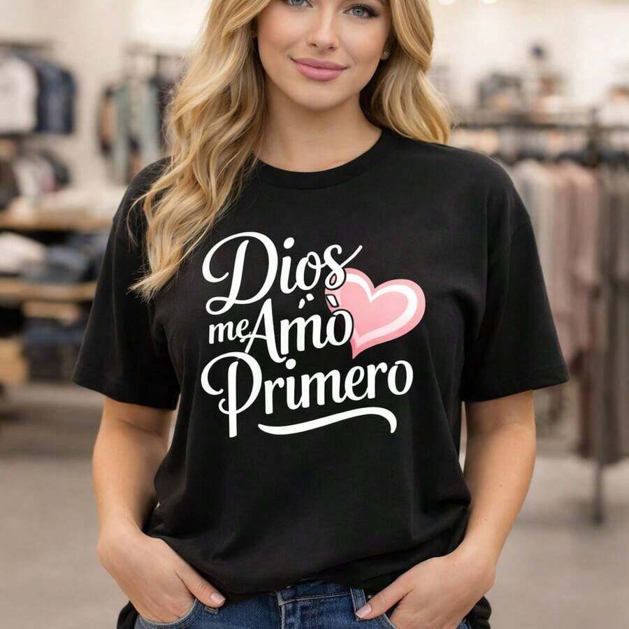 Camiseta de Algodón de Talla Grande para Mujer, Camiseta de Manga Corta con Estampado de Letras "Dios Me Amo Primero", Top Casual de Corte Holgado para Uso Diario, Tejido Suave y Transpirable, Ideal para el Verano, Regalo para el Día de San Valentín, Camiseta con Diseño Religioso, Ropa Cómoda de Talla Grande Adecuada para primavera, verano y otoño - Negro - Ver 1
