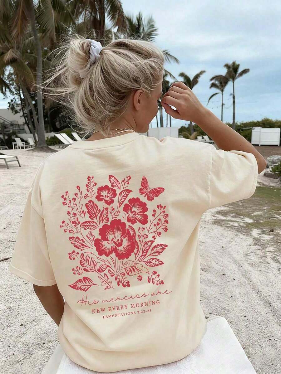 Camiseta de manga corta para mujer, nueva de verano, informal, con estampado floral y de letras, holgada, versátil, de cuello redondo, color gris oscuro, para uso diario y vacaciones. - Albaricoque - Ver 1