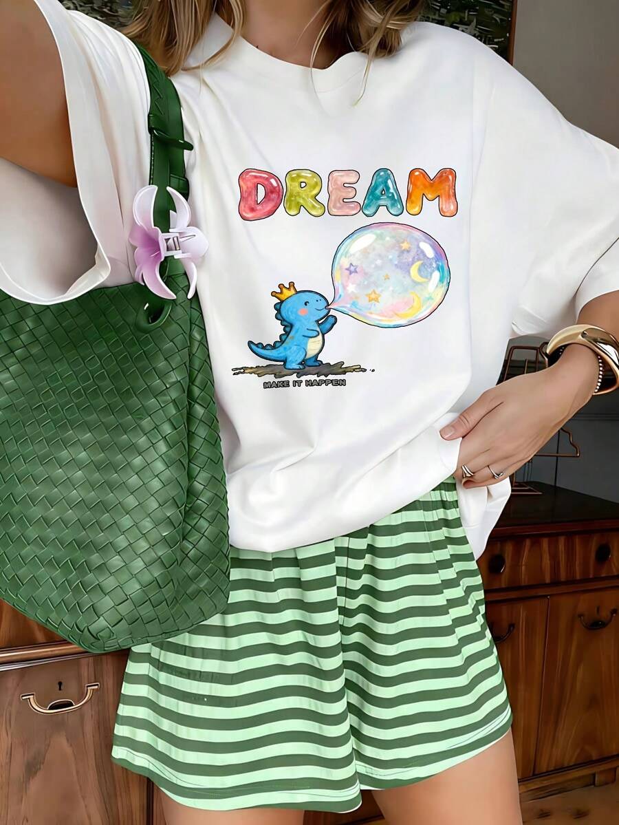 Kawaii Dream Dragon Graphic T-Shirt, 100% Cotton Oversized Soft Breathable Casual Crewneck Short Sleeve Top, Summer Vibes Aesthetic Streetwear Tee For Women & Dreamers - 白色 - 查看 1