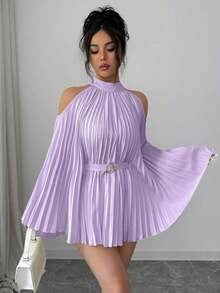 Elenzya Elegante camisa/blusa de mujer con mangas acampanadas y cintura ceñida para vacaciones - Morado - Ver 4