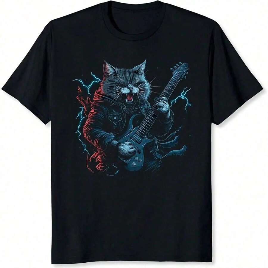 Camiseta de Heavy Metal con Diseño de Gato para Hombre, Camiseta de Banda de Rock, Regalo para Papá Gato, Camiseta con Gráficos Musicales CPQH - Negro - Ver 1