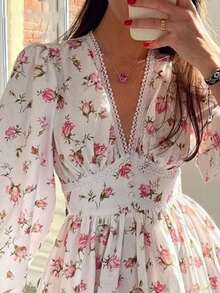 Short Dress With Printed Lace V-Neck, Sweet And Elegant European Style, New Spring Collection For Women - Pink - View 7