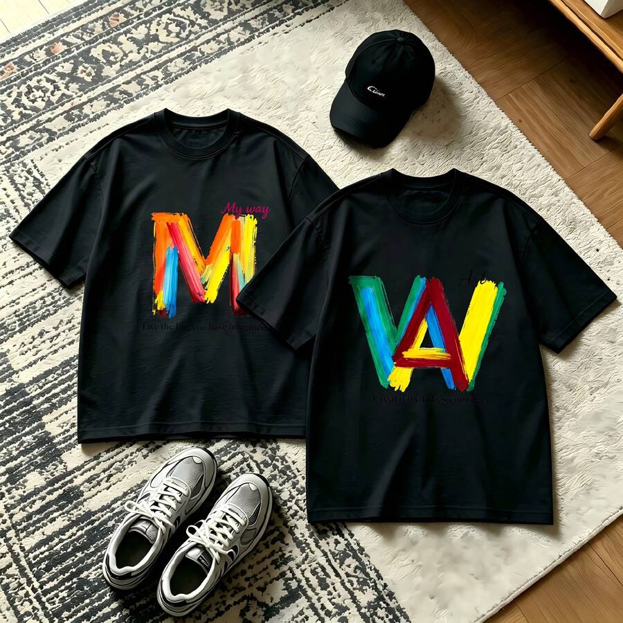 2-Piece Couple Matching Pattern T-Shirt, 100% Cotton, Loose Fit, Soft And Breathable, Casual Round Neck Short Sleeved Top Mexico Flag Rose Design Mexican Heritage Art Print Versatile Patterns No Picky Combinations Coordinated Dating Casual Travel Simple And Cartoonish Printing Styles High - 黑色 - 查看 1