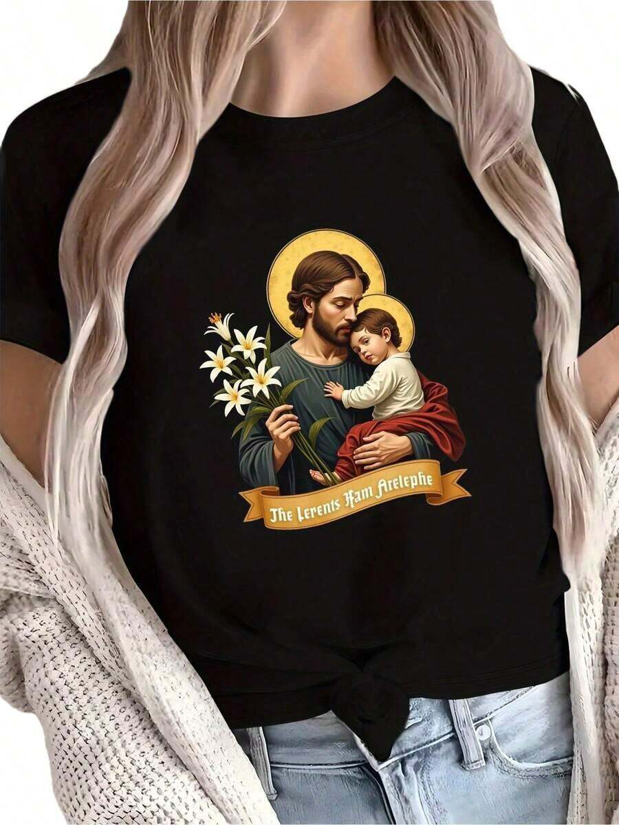 SummerUna cómoda camiseta transparente dedicada a San José para mujeres. Camiseta de manga corta para mujer, estilo básico para uso interior y exterior. - Negro - Ver 1