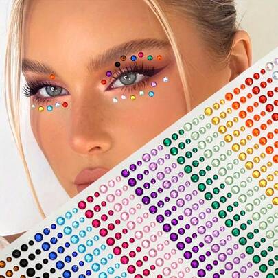 1pc Multi-Color Face Rhinestone Sticker, Self-Adhesive Stage Makeup Rhinestone Sticker, Solves Issues Of Rhinestones Falling Off, Regular Stickers Curling At Edges, And Dull Rhinestones. Smooth And Glossy Surface, Scratch-Resistant, Ins Sweet Style Design, High Transparency Acrylic Rhinestones Provide Highlight Under Lens, Multi-Color Suitable For Different Makeup Themes