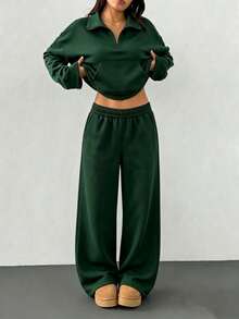 Conjunto de 2 piezas para mujer con camiseta de manga larga de hombros caídos de cuello en V a rayas y pantalones a rayas de cintura elástica, traje de suéter de invierno, otoño/invierno - Verde militar - Ver 1
