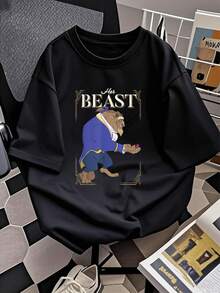 Figura de una bestia noble que sostiene una rosa como símbolo de fuerza y ternura transmitiendo un mensaje de amor y protección camiseta de mujer  cómoda y casual para uso diario - Negro - Ver 2