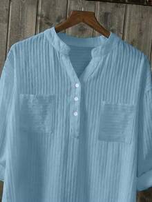 Camisa casual de talla grande con cuello con muesca, botones, bolsillo y mangas enrollables - Azul - Ver 3