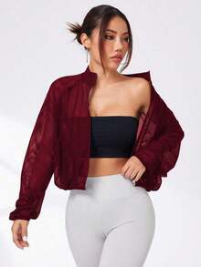 Chaqueta De Cuello Alto Deportiva Para Mujer Con Malla Transparente Y Bolsillos, Chaqueta Deportiva De Manga Larga Para Correr, Hacer Ejercicio Y Actividades Al Aire Libre - Burdeos - Ver 3
