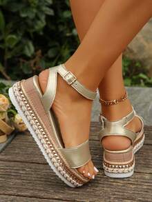 Sandal đế xuồng rộng, đế dày, cài khóa dành cho nữ, kiểu dáng thời trang phù hợp cho kỳ nghỉ, đi chơi, dự tiệc và tụ họp. - Khóa vuông mạ vàng - Xem 5