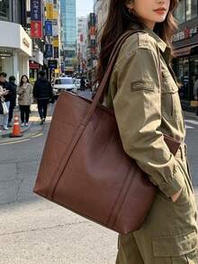 菱形几何缝线PU皮革大容量女士手提包，简约通勤工作休闲手提包 - 咖啡 - 查看 4