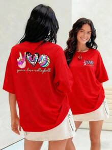 Mano de la paz corazón y voleibol con efecto tiedye vibrante camiseta para mujer 100% algodón que simboliza armonía pasión y deporte en un diseño moderno y femenino.Suitable for spring, summer and autumn - Rojo - Ver 7