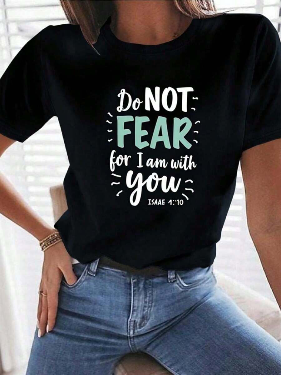 Talla Grande, Camiseta Unisex Talla Grande con Frase Inspiradora "No Temas" - Camiseta Casual de Cuello Redondo Suave de 180 g/m² con Letras Negras, Manga Corta, Ropa de Inspiración Religiosa, Ropa Cómoda para Todas las Temporadas, Blusas para Mujer - Negro - Ver 1