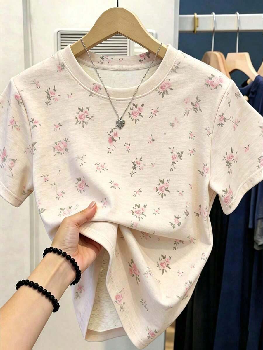 Floral Print Blouse, Graphic Tee, Summer Clothes, Women's Top, Matching Sister Outfit, , Fashionable Blouses And Shirts, Aesthetic Tee, Gift For Sister, Gift For Mom, Casual Minimalist Fashion Top - 彩色 - 查看 1