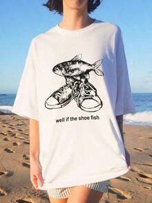Playeras de mujer, camiseta oversized con estampado de pez maldecido, camiseta Y2K, camiseta divertida de bajo, camisetas irónicas con memes que son geniales, camiseta Weirdcore, camiseta Y2K retro de los 90s con estampado gráfico, camiseta de playa de manga corta, conjuntos de mujer. - Blanco - Ver 1