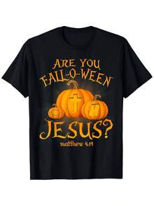 Heavyweight Christian-Themed T-Shirt Featuring A Bible Verse From Matthew 4:19, Adorned With A Cross And Pumpkin Design, Along With The Phrase 'Are You Fall-O-Ween'. This Faith-Inspired Fall Church Wear Is Available For Both Men And Women. - 黑色 - 查看 1