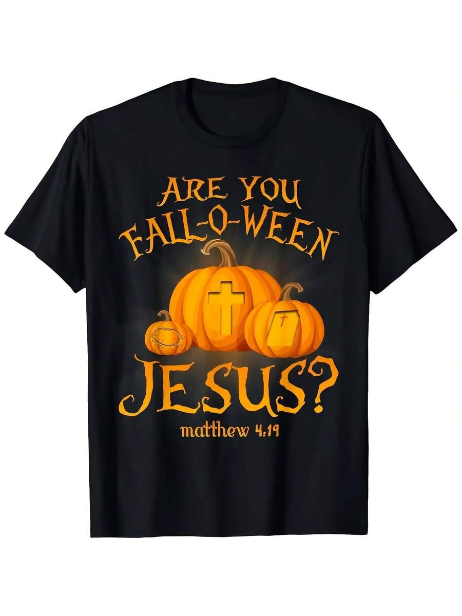 Heavyweight Christian-Themed T-Shirt Featuring A Bible Verse From Matthew 4:19, Adorned With A Cross And Pumpkin Design, Along With The Phrase 'Are You Fall-O-Ween'. This Faith-Inspired Fall Church Wear Is Available For Both Men And Women. - 黑色 - 查看 1