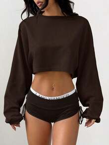 Women's Loose-Fitting Solid Color Crop Top, Black, Spring - Coffee - 查看 1