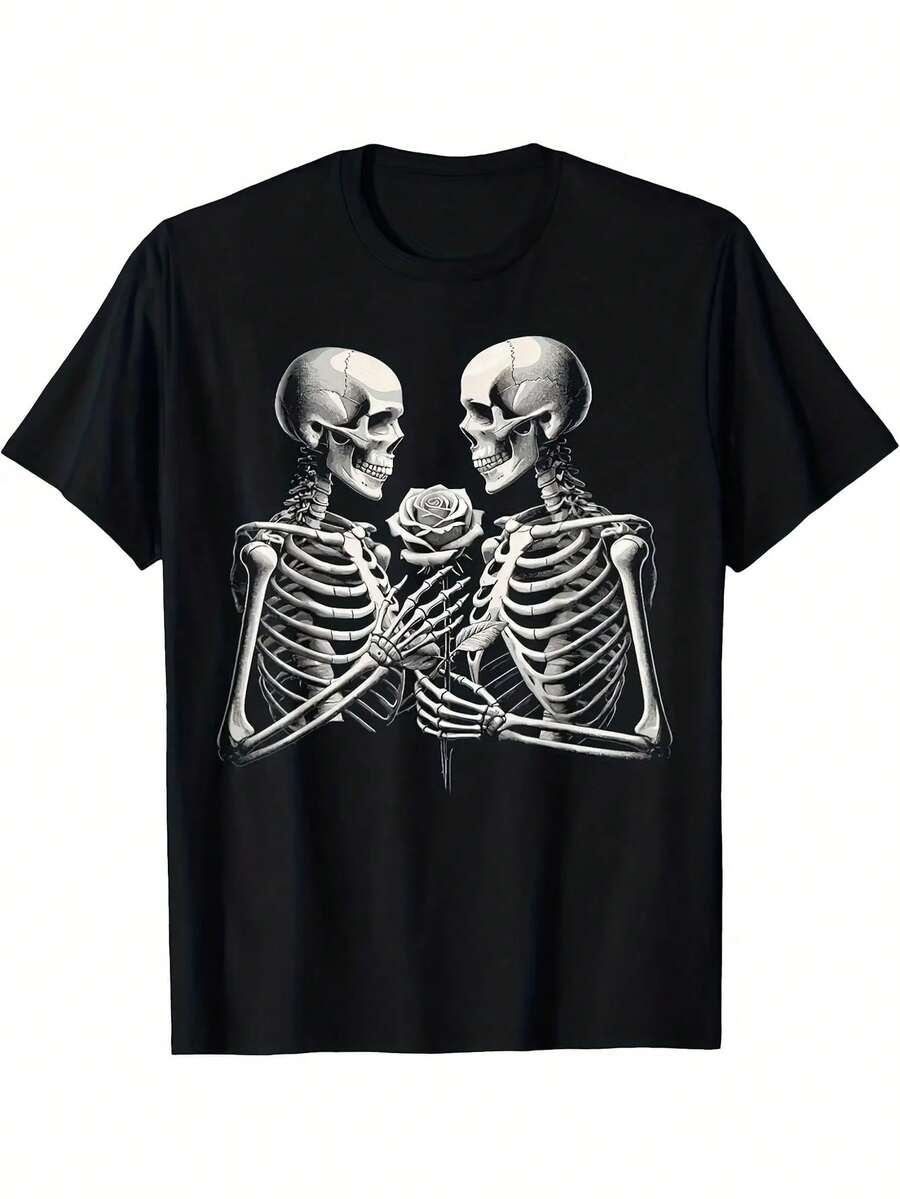 Unisex Gothic Couple T-Shirt With Love Skulls - White Gothic Print On Black Short Sleeves, Casual Wear For All Seasons And Halloween, Year-Round Wear, Women's Clothing - 黑色 - 查看 1