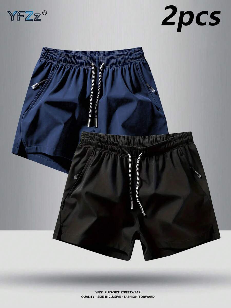Plus Size Men's Summer Casual Solid Color Loose Versatile Shorts With Side Zipper Pockets, Soft & Comfortable Drawstring Waist, 2 Piece Set - Black - View 1