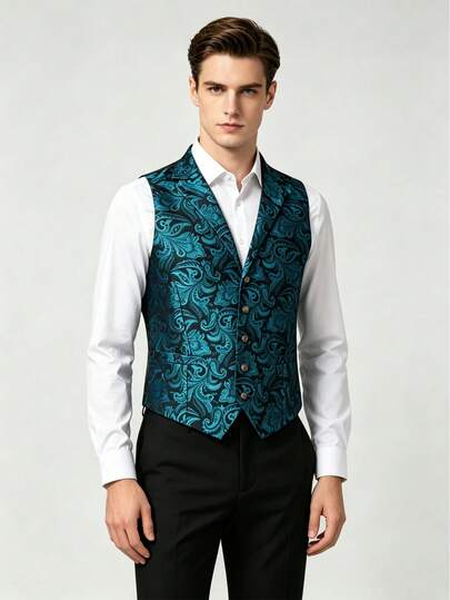 Men's Peak Lapel Teal Blue Paisley Pattern Suit Vest, Single