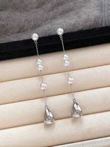 1 Pair Silver Water Drop Pearl Long Tassel Earrings, Fashionable Exquisite Unique Design Niche Versatile High-End - Silver - View 4