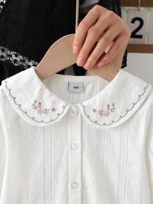 Girls' Cotton Collared Long Sleeve Shirt With Cute Embroidery, Autumn - White - View 3